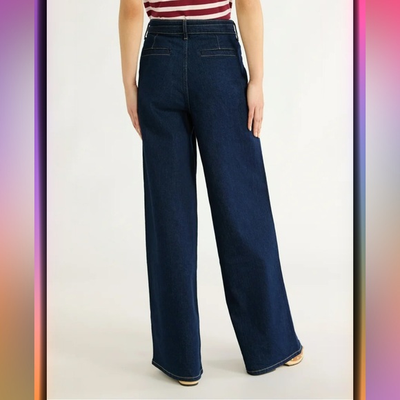 High-Rise Wide Leg Denim Jeans in Dark Blue with Tie Waist - Picture 3 of 15